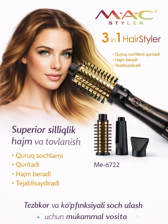 MAC Styler MC-6722 3 tasi 1 da soch quritgich-cho‘tka, aylanuvchi nasadkali - 