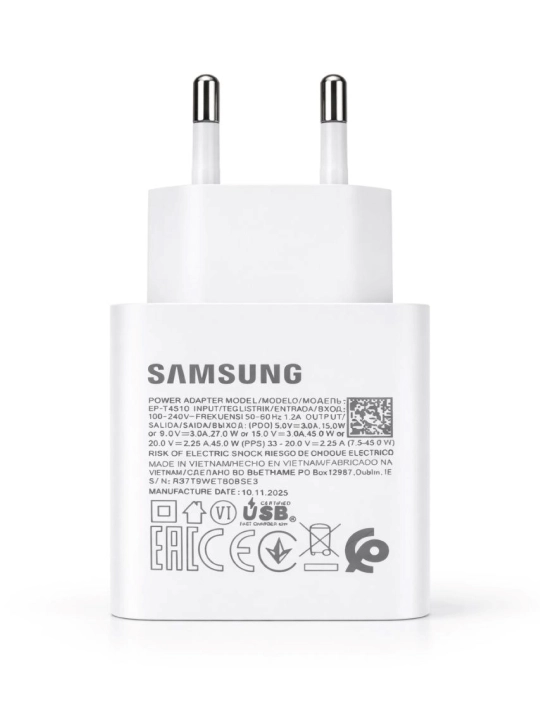 Samsung 45W Type-C zaryadchik, adapter (kabel bilan) Fast Charging 2.0 - Tezkor zaryadlash