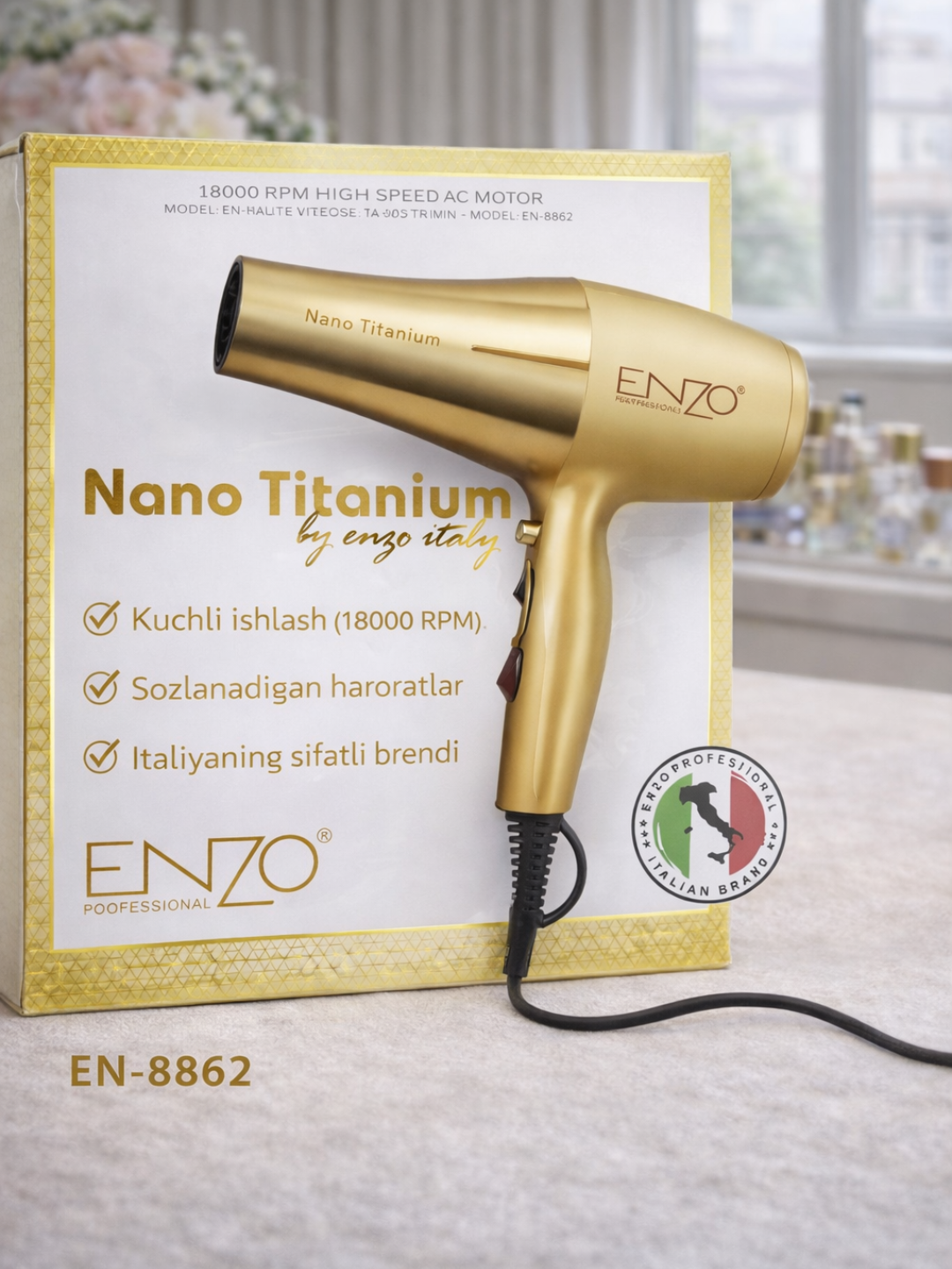 ENZO Nano Titanium professional fen, 3000 Vt, soch quritish va styling uchun - 