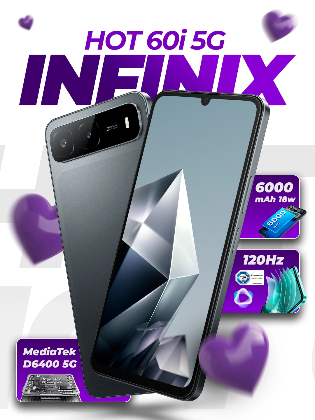 Смартфон Infinix Hot 60i 5G, до 8+8/256Gb, IPS 120Hz, 6000 mAh, функция беспроводной зарядки за 1979000 сум со скидкой 29%. Uzum Market