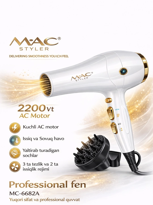 MAC Ionic soch quritgich 2200W, professional fen (MC-6682A) - 