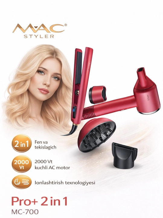 MAC Styler Pro+ 2 in 1 fen va soch tekislagich to‘plami - 