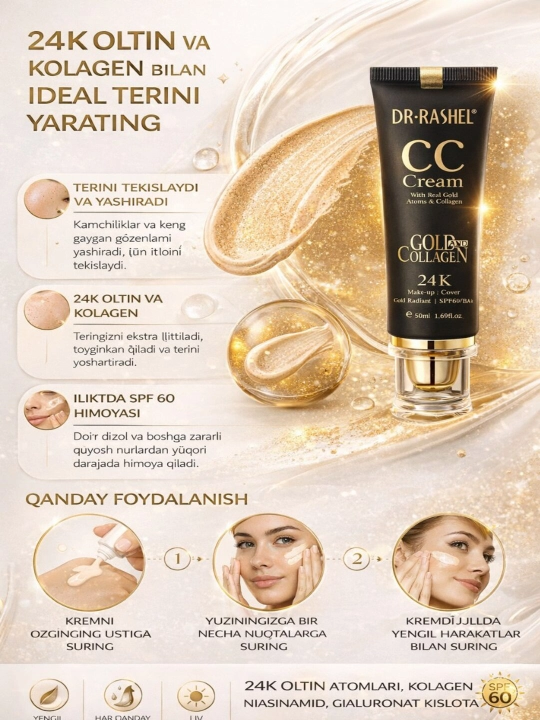 Dr. Rashel SPF 90 quyoshdan himoya kremi, qarishga qarshi, namlantiruvchi va oqartiruvchi