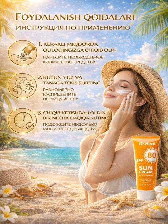 Dr. Rashel SPF 90 quyoshdan himoya kremi, qarishga qarshi, namlantiruvchi va oqartiruvchi