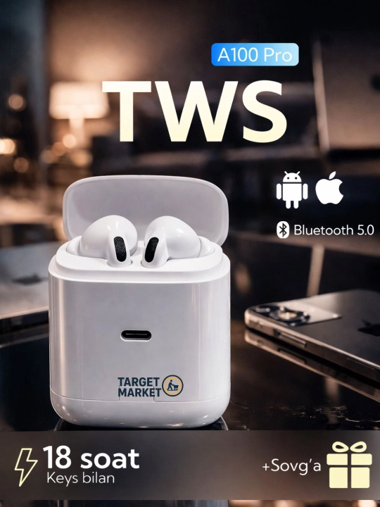 Simsiz quloqchinlar TWS A100 Pro 2 in 1 vakuum qistirmalar va g‘ilof