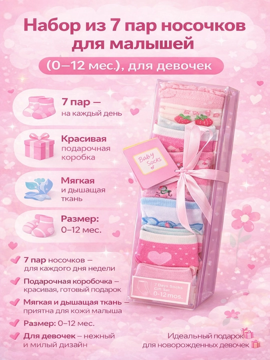 Chaqaloqlar uchun 7 juft paypoq sovg‘a to‘plami (0–12 oy), qizaloqlar uchun