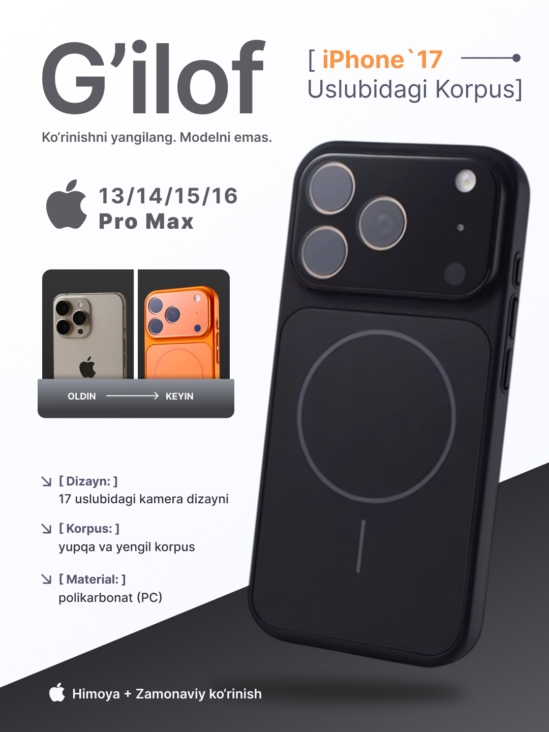 IPhone 11, 12, 13, 14, 15, 16, 17 Pro, Pro Max, Magsafe, iPhone 17 uslubidagi g‘iloflar