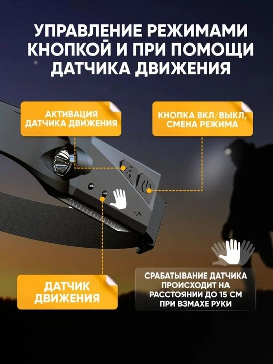 Фонарь налобный 350 лм, IPX4, 5 режимов, сенсор управления, 230° угол, аккумулятор 1200мАч