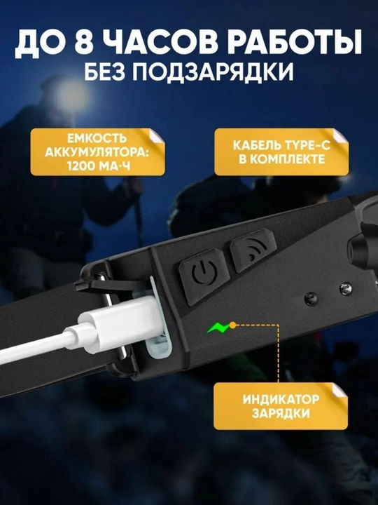 Фонарь налобный 350 лм, IPX4, 5 режимов, сенсор управления, 230° угол, аккумулятор 1200мАч