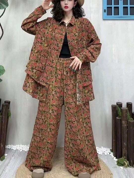 Ayollar dvoyka kostyumi oversize 2tasi1 da paxta tugmali ko‘ylak + keng palazo shim, 48–56