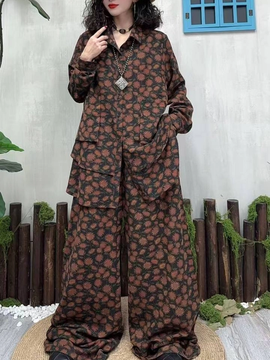 Ayollar dvoyka kostyumi oversize 2tasi1 da paxta tugmali ko‘ylak + keng palazo shim, 48–56