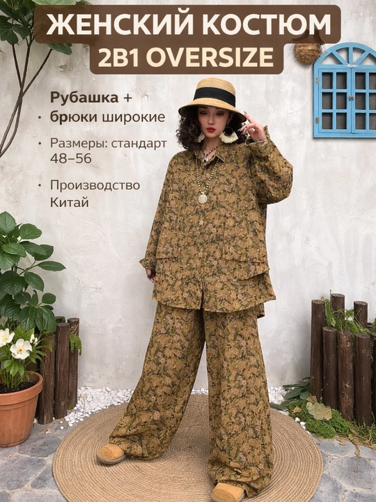 Ayollar dvoyka kostyumi oversize 2tasi1 da paxta tugmali ko‘ylak + keng palazo shim, 48–56