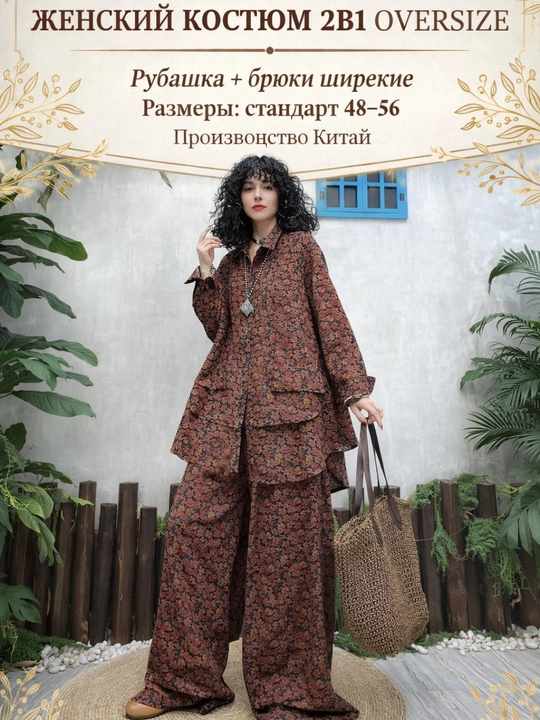 Ayollar dvoyka kostyumi oversize 2tasi1 da paxta tugmali ko‘ylak + keng palazo shim, 48–56