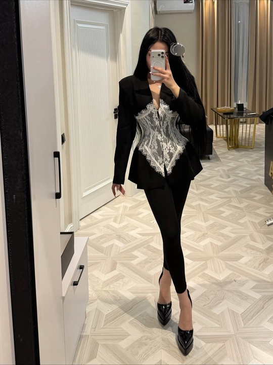 Ayollar pidjagi, dantelli blazer,Barbie mato, qora oq rang, S M L o‘lcham,kastyum - 