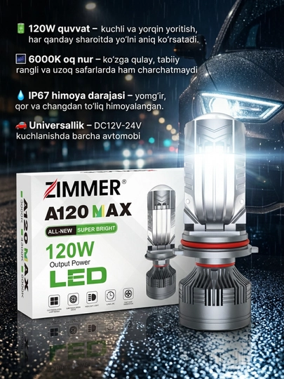 Zimmer a120 120W светодиодные линзы H4 ORG 6000K для автомобилей, 75-120W — ДАВРСЕР-A120MAX-БЕЛЫЙ
