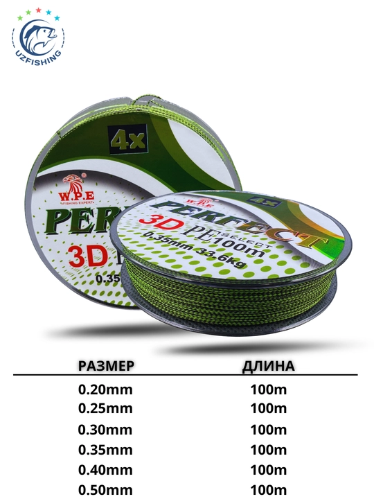 W.P.E Perfect 3D PE to'qilgan shok-lider, 4 tolali baliq ovlash shnuri, 100m