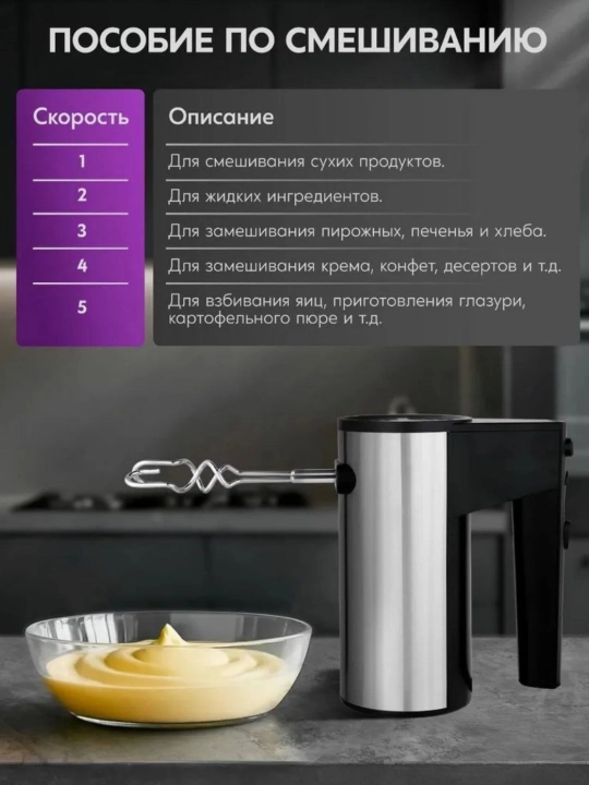 Ручной миксер для смешивания и замешивания теста, 5 скоростей, функция «Турбо»