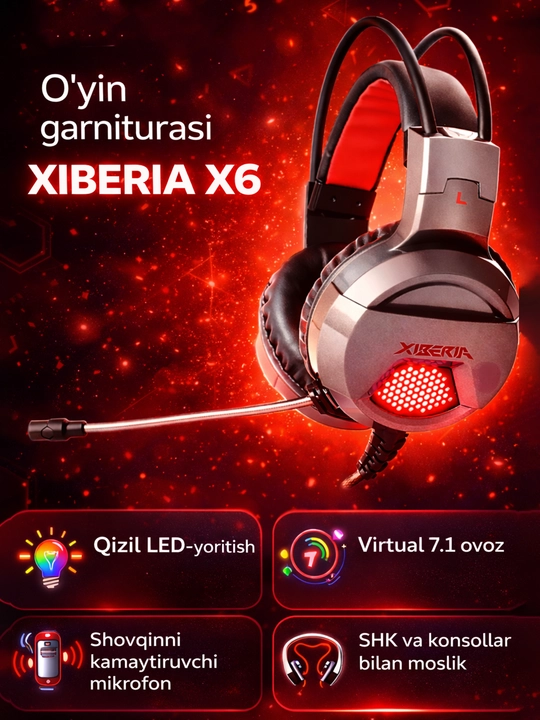 XIBERIA X6 - Geymerlar uchun quloqchinlar, mikrofonli garnitura, naushnik, RGB-yorigichli