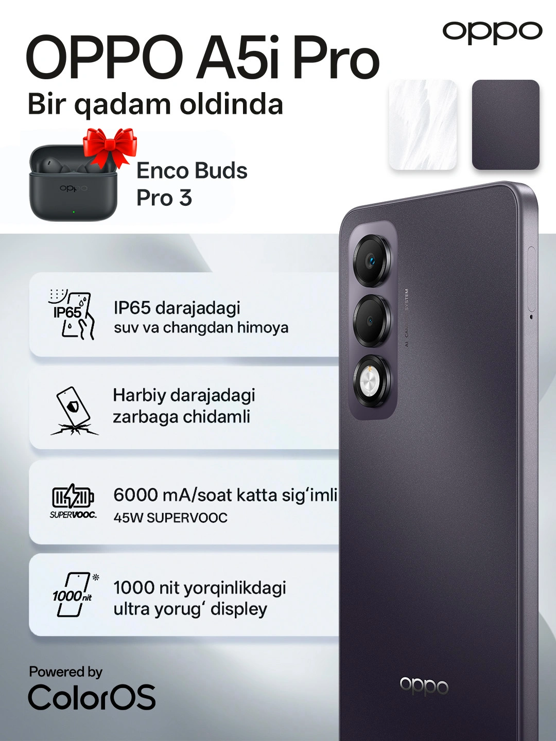 Смартфон Oppo A5i Pro 8/128 ГБ, White  Purple, 1 год гарантии + наушники Enco Buds Pro3 за 2500000 сум со скидкой 4%. Uzum Market