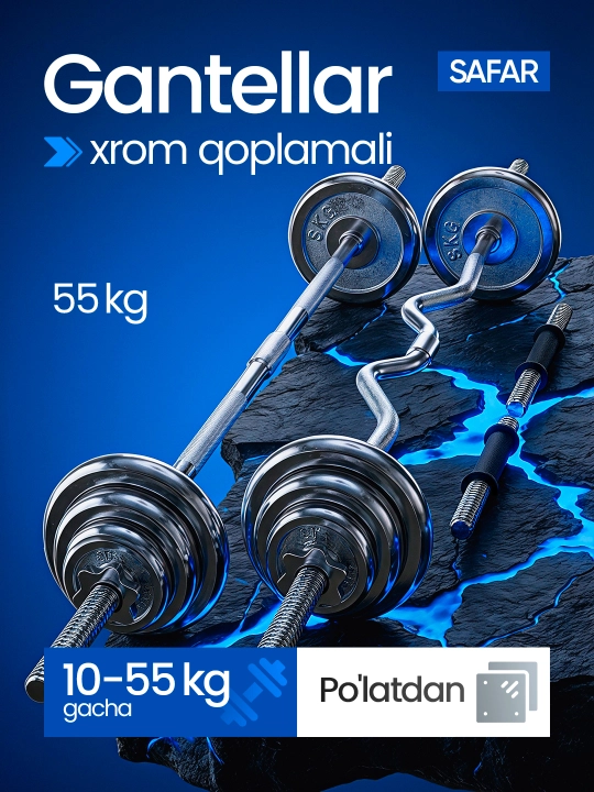 Temir gantellar va shtanga to'plami, chemodanda, 10 kg dan 55 kg gacha - 