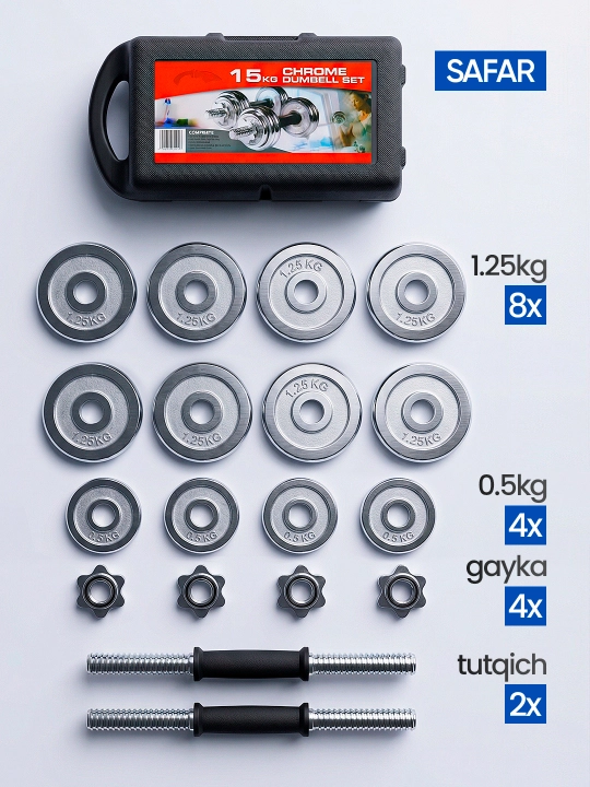 Temir gantellar va shtanga to'plami, chemodanda, 10 kg dan 55 kg gacha