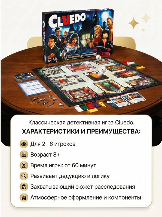 Настольная игра Cluedo, классический детектив, для 2-6 игроков, 8+