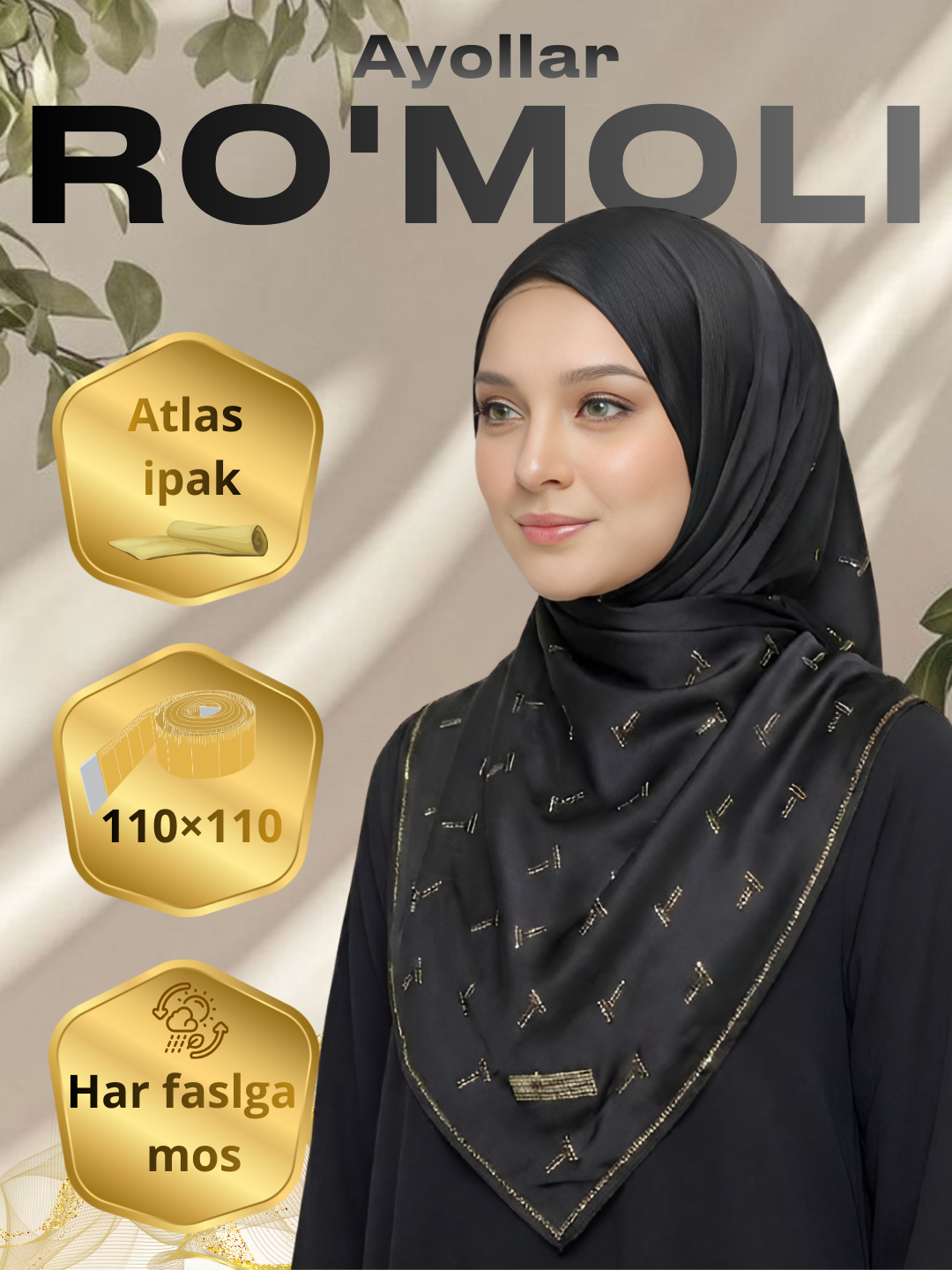 KASHKHA atlas ipak ro‘mol 110x110 ayollar uchun, yengil va nafis dizayn - 