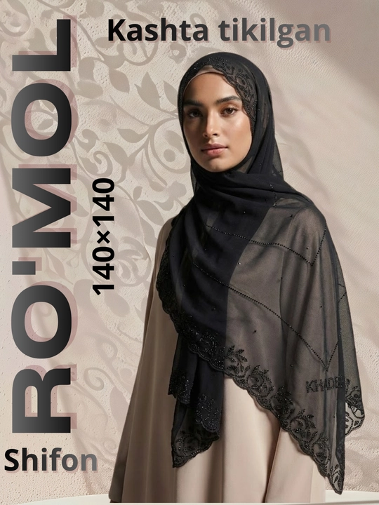 KASHKHA kashta tikilgan palantin ro‘mol, paxta trikotaj, 140×140 - 