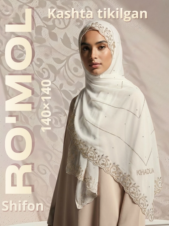 KASHKHA kashta tikilgan palantin ro‘mol, paxta trikotaj, 140×140 - 
