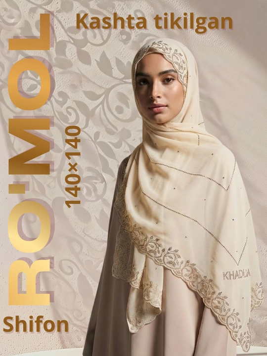 KASHKHA kashta tikilgan palantin ro‘mol, paxta trikotaj, 140×140 - 