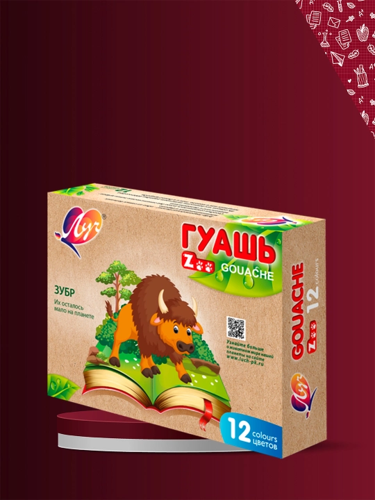 Гуашь Luch «ZOO», 12 цветов в баночках для творчество и художества