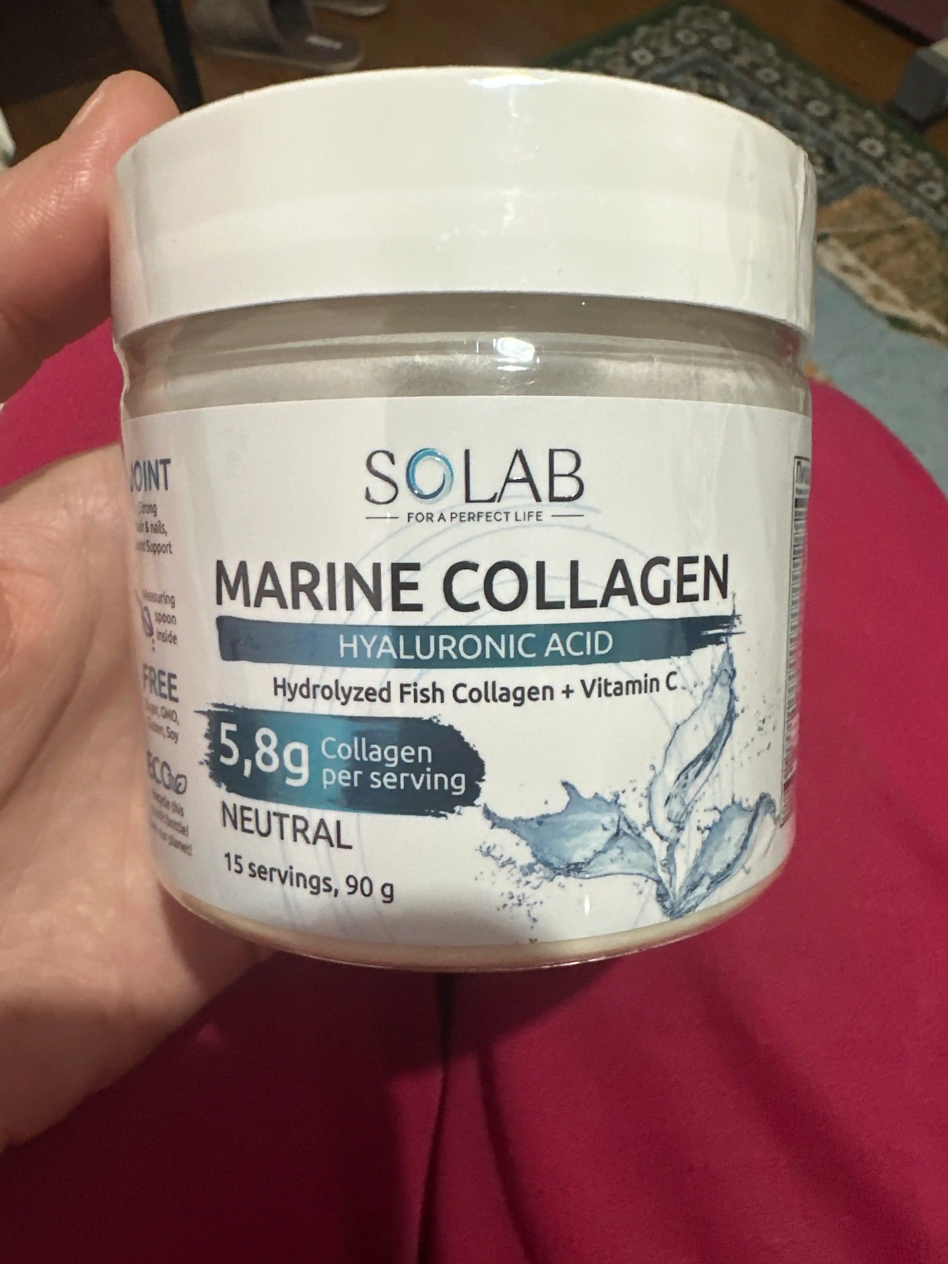 Dengiz kollageni, SOLAB, Gialuron kislotasi + C vitamini, Neytral ta'mi, 90g, 15 porsiya