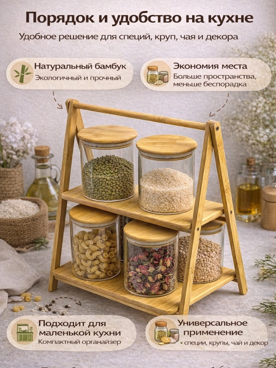 Oshxona 2 qavatli bambuk organayzer — ziravorlar, yormalar va aksessuarlar uchun polka