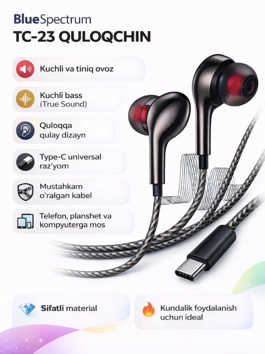 Android telefonlar uchun Blue Spectrum TC-23 Type-C quloqchinlari, kuchli bass - 