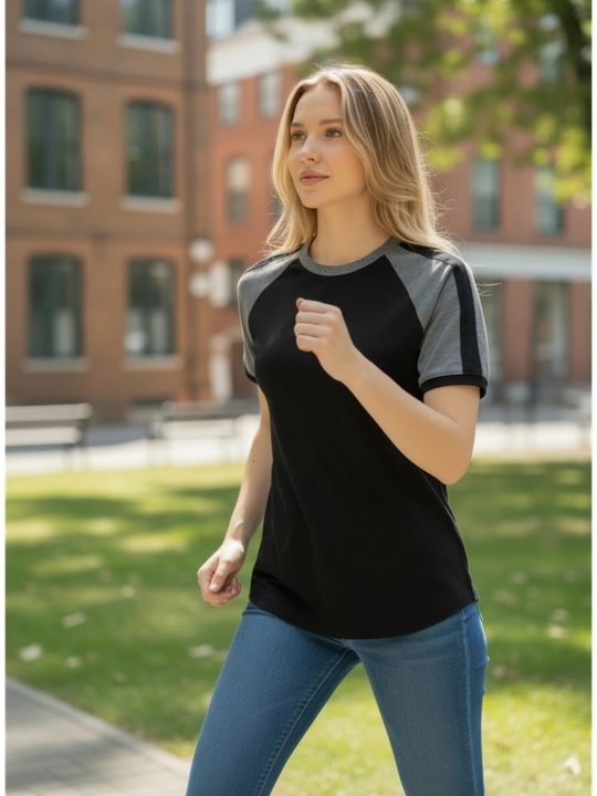 Ayollar basic futbolkasi, kalta reglan yengli, trikotaj paxtali ikki rangli