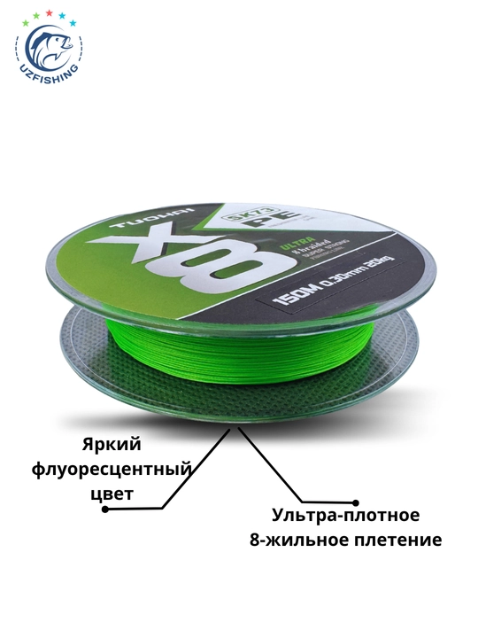 TUOHAI SK73 PE X8 baliq ovlash uchun pletyonka shnur, 8 tomirli leska, 150m, lyuminessent