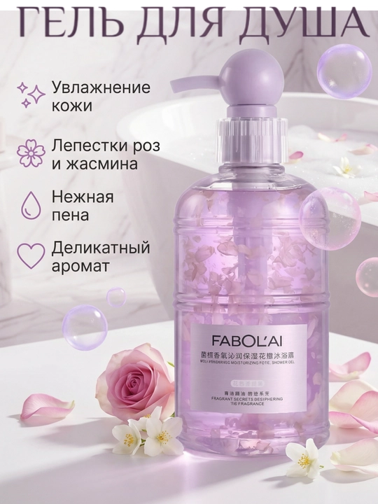 Парфюмированный увлажняющий гель для душа, с лепестками жасмина FABOL’AI, 500 мл - 