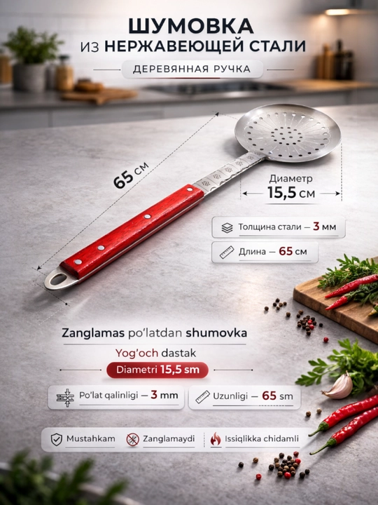 Шумовка, половник металлический с гравировкой, длина 65 -46 см - 