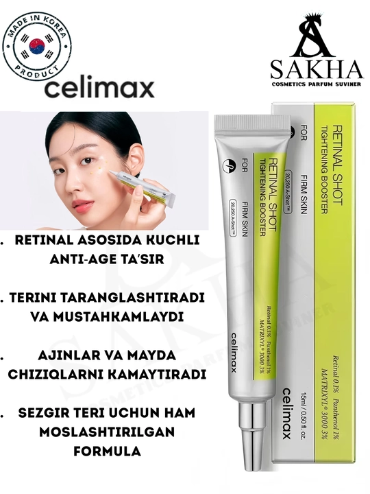 Celimax Retinol Shot: lifting-buster va zardob, retinol va mikroignalar bilan