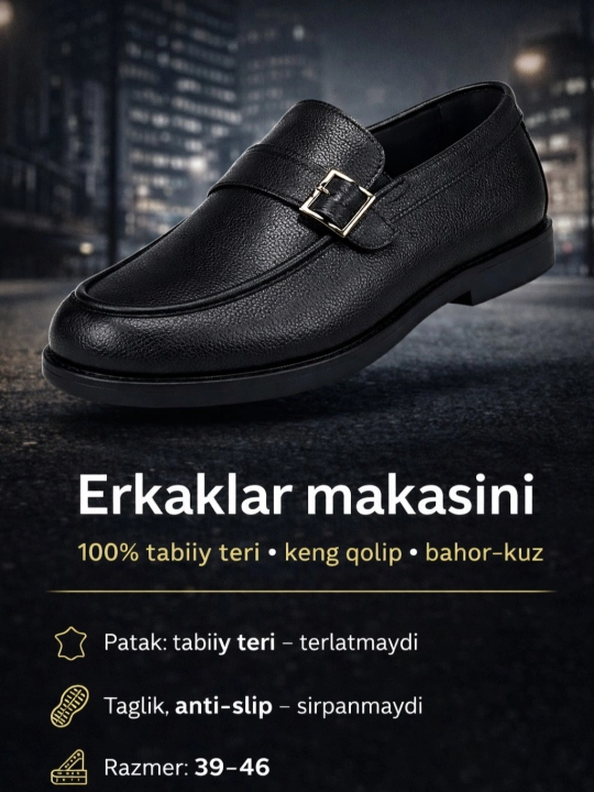 PEGAS erkaklar tuflisi — tabiiy charm, yarim klassik loafer-mokasin, 39–46 o‘lcham
