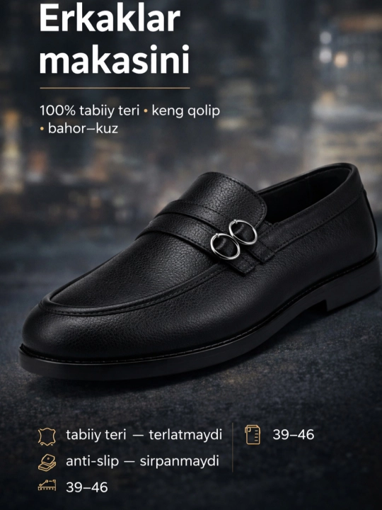 PEGAS erkaklar tuflisi — tabiiy charm, yarim klassik loafer-mokasin, 39–46 o‘lcham