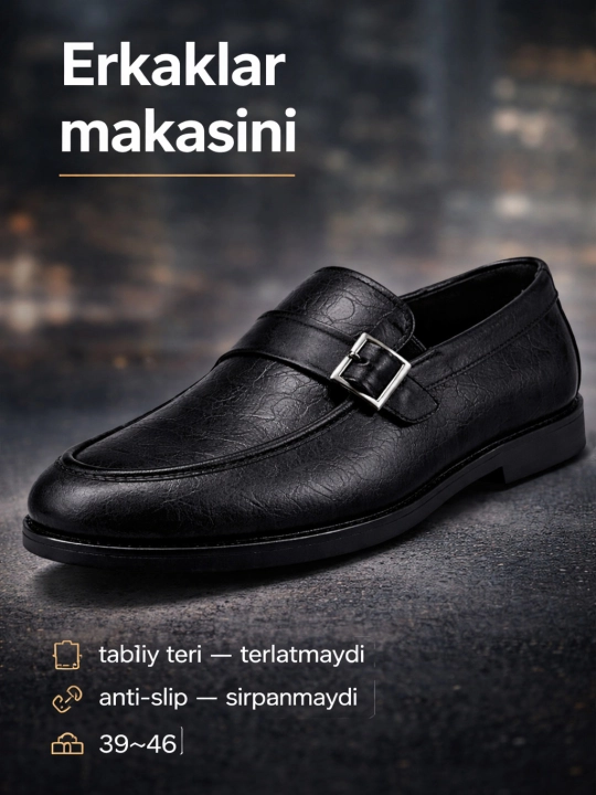 PEGAS erkaklar tuflisi — tabiiy charm, yarim klassik loafer-mokasin, 39–46 o‘lcham