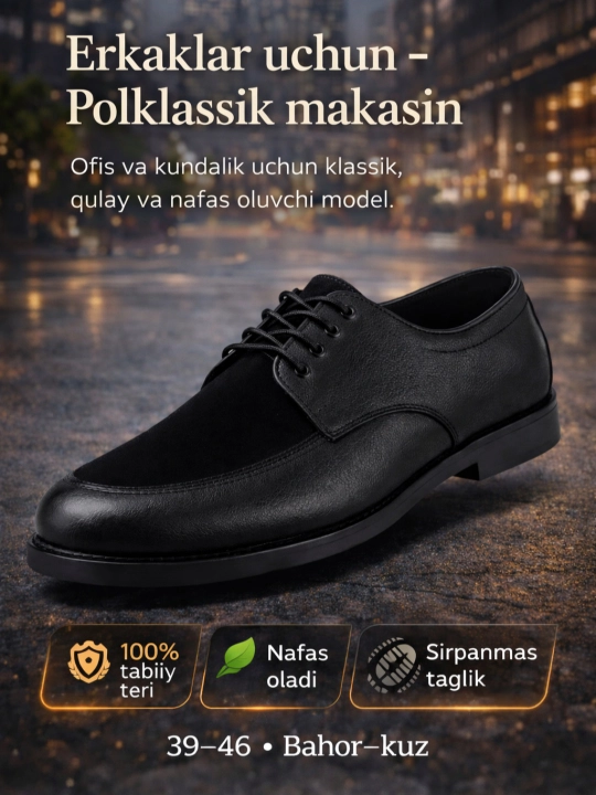 PEGAS erkaklar tuflisi — tabiiy charm, yarim klassik loafer-mokasin, 39–46 o‘lcham