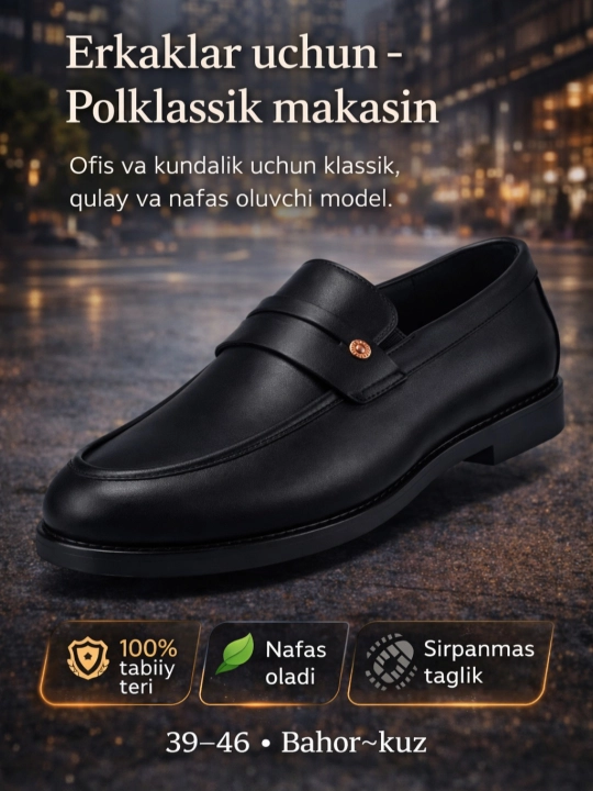 PEGAS erkaklar tuflisi — tabiiy charm, yarim klassik loafer-mokasin, 39–46 o‘lcham