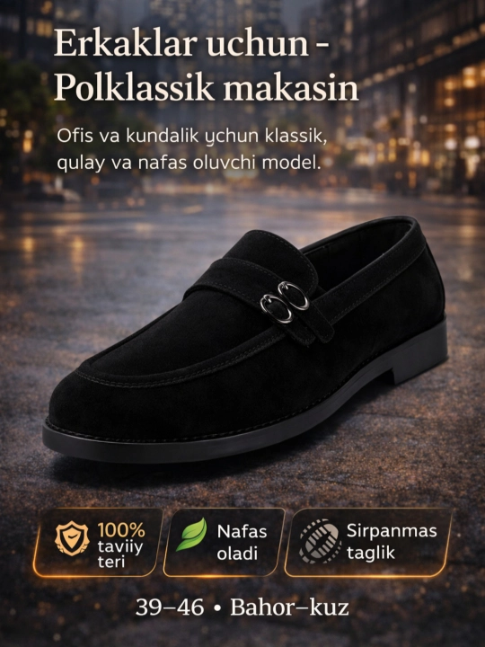 PEGAS erkaklar tuflisi — tabiiy charm, yarim klassik loafer-mokasin, 39–46 o‘lcham
