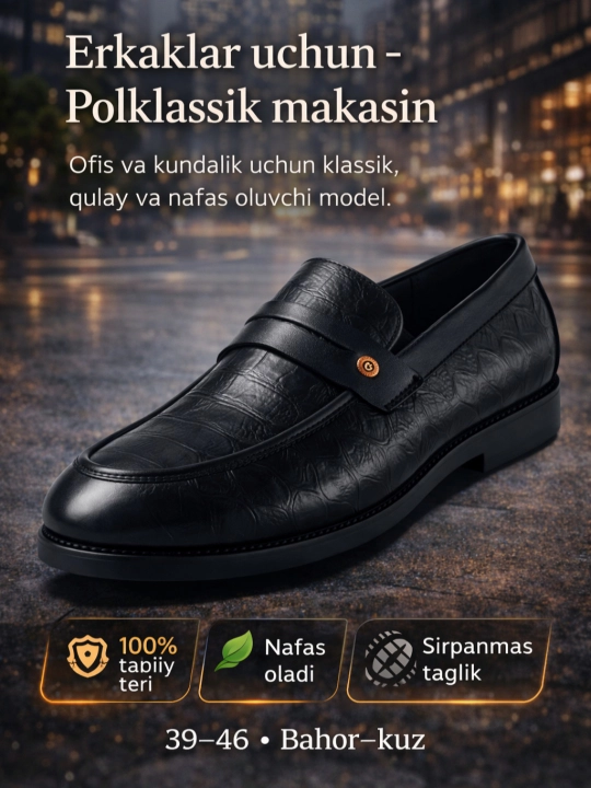 Erkaklar poyabzali - mokasin, lofler, polklassik, haqiyqiy teridan, katta razmerlar 39-46