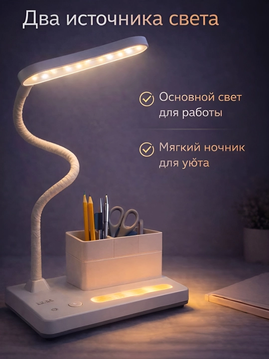 Stol usti LED chiroq, kitob va telefon qoygich va organayzer bilan