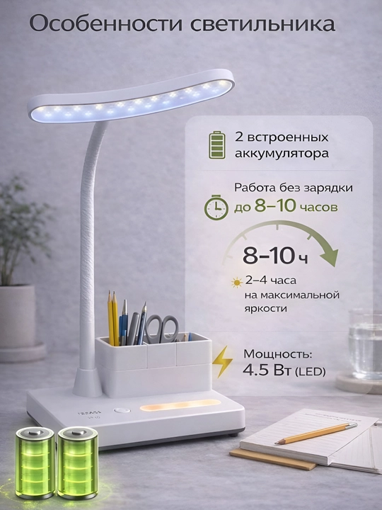 Stol usti LED chiroq, kitob va telefon qoygich va organayzer bilan
