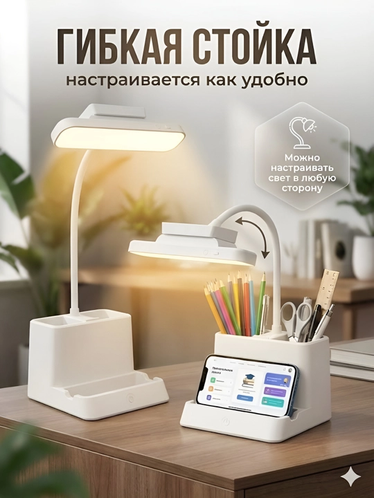 Stol usti LED chiroq, kitob va telefon qoygich va organayzer bilan