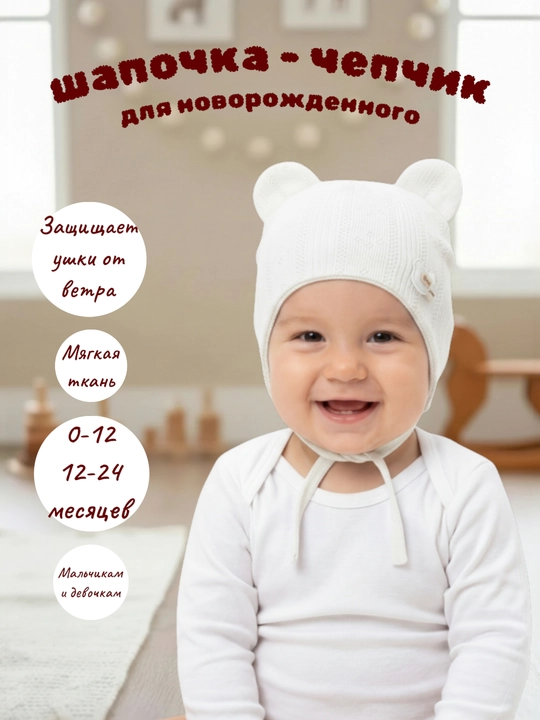 Детская шапка на завязках, шапочка с ушками для малышей, трикотажная шапка, 0–24 месяца